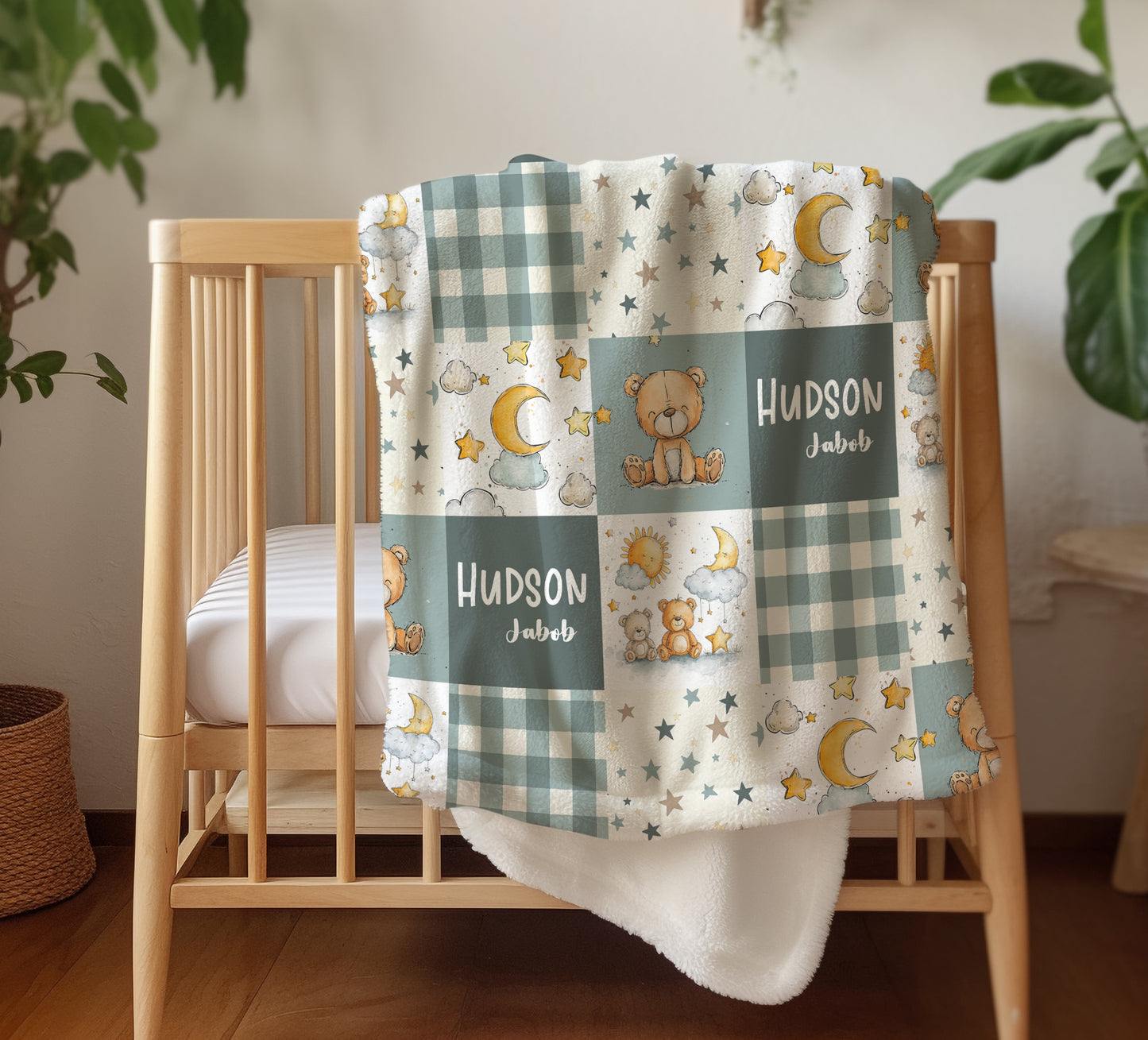 CUDDLE BLANKET - TEDDY BEAR MOON AND STARS DARK SAGE