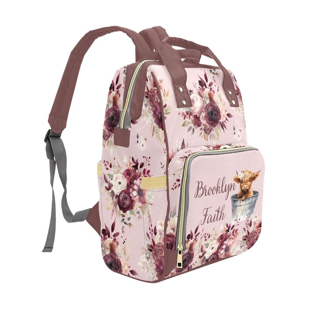 PERSONALIZED DIAPER BAG BACKPACK | HIGHLAND COW BURGUNDY FLORAL