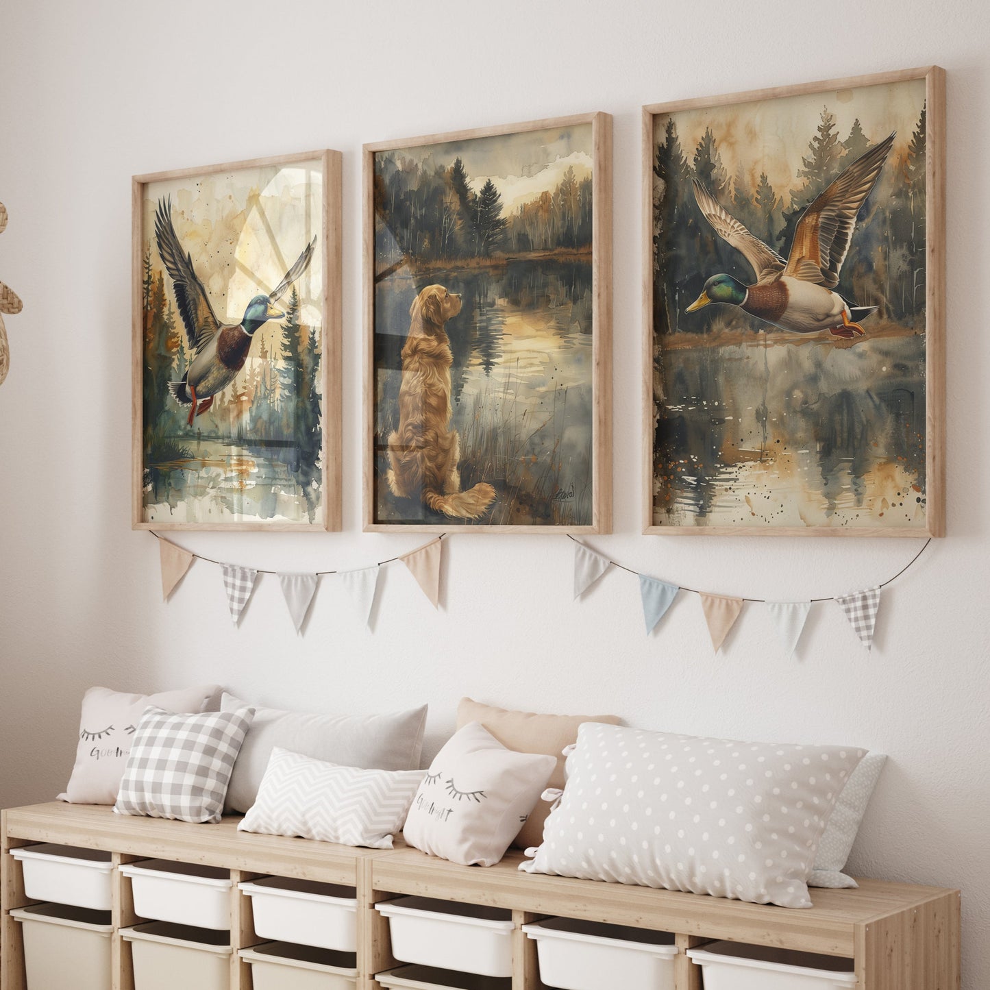Watercolor nursery wall art set featuring a golden retriever and flying mallard ducks in a forest scene, rustic woodland decor for baby or kids room