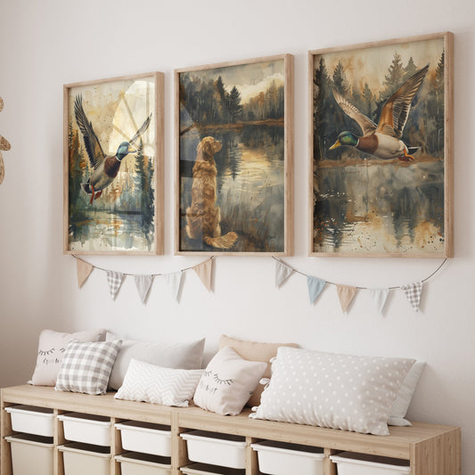 Watercolor nursery wall art set featuring a golden retriever and flying mallard ducks in a forest scene, rustic woodland decor for baby or kids room