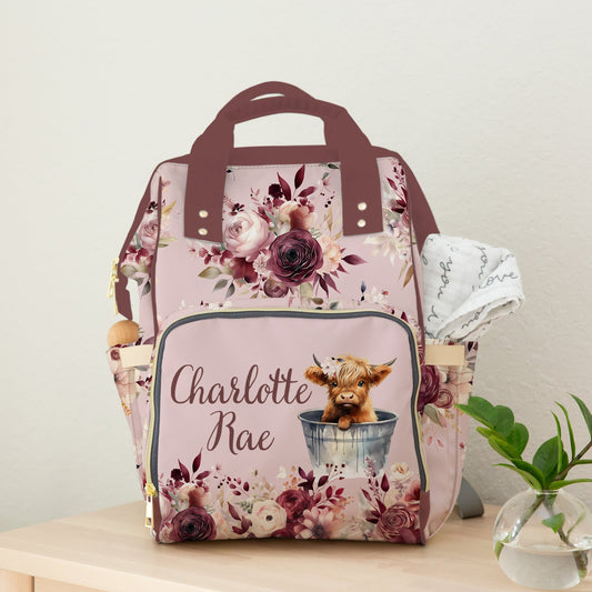 PERSONALIZED DIAPER BAG BACKPACK | HIGHLAND COW BURGUNDY FLORAL