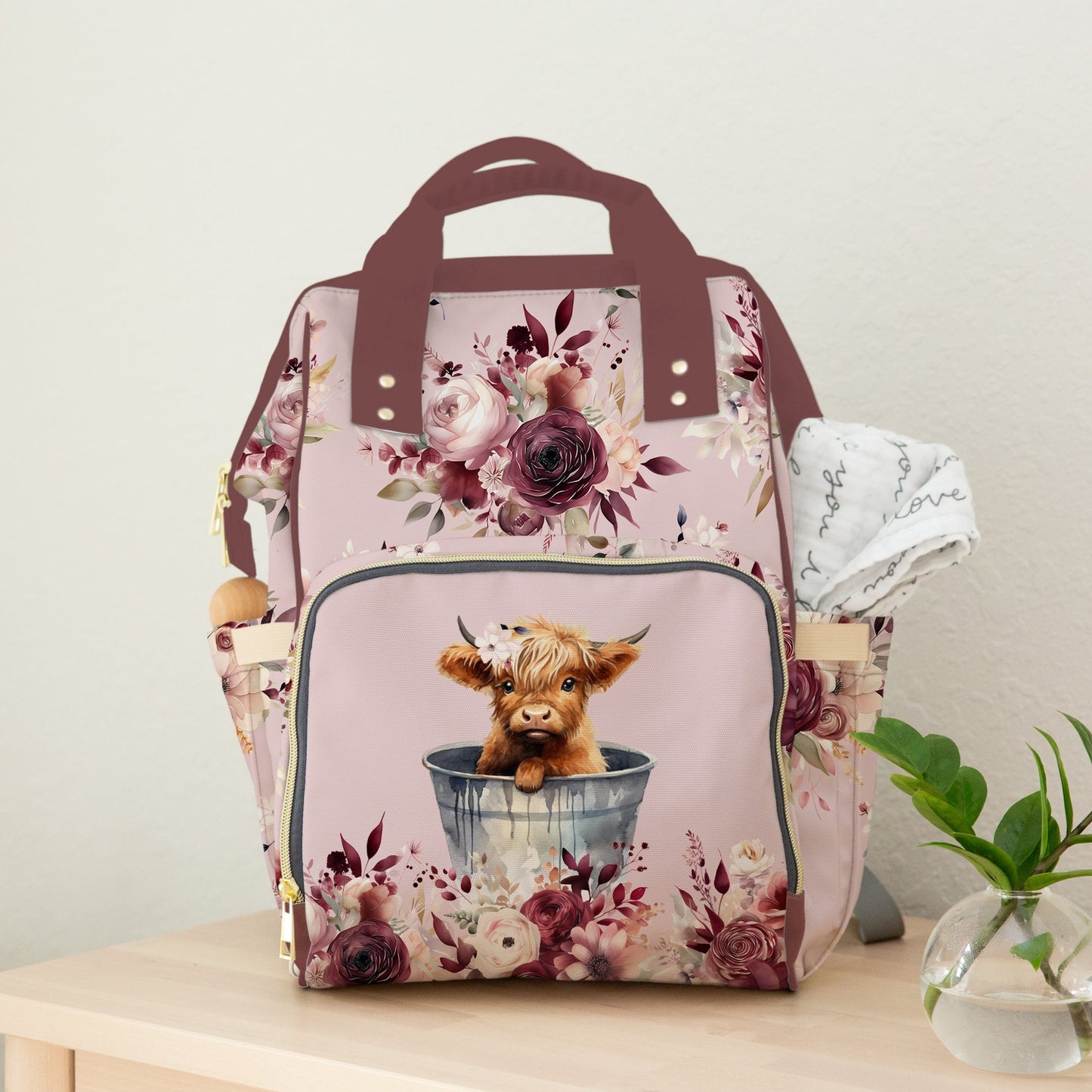 PERSONALIZED DIAPER BAG BACKPACK | HIGHLAND COW BURGUNDY FLORAL