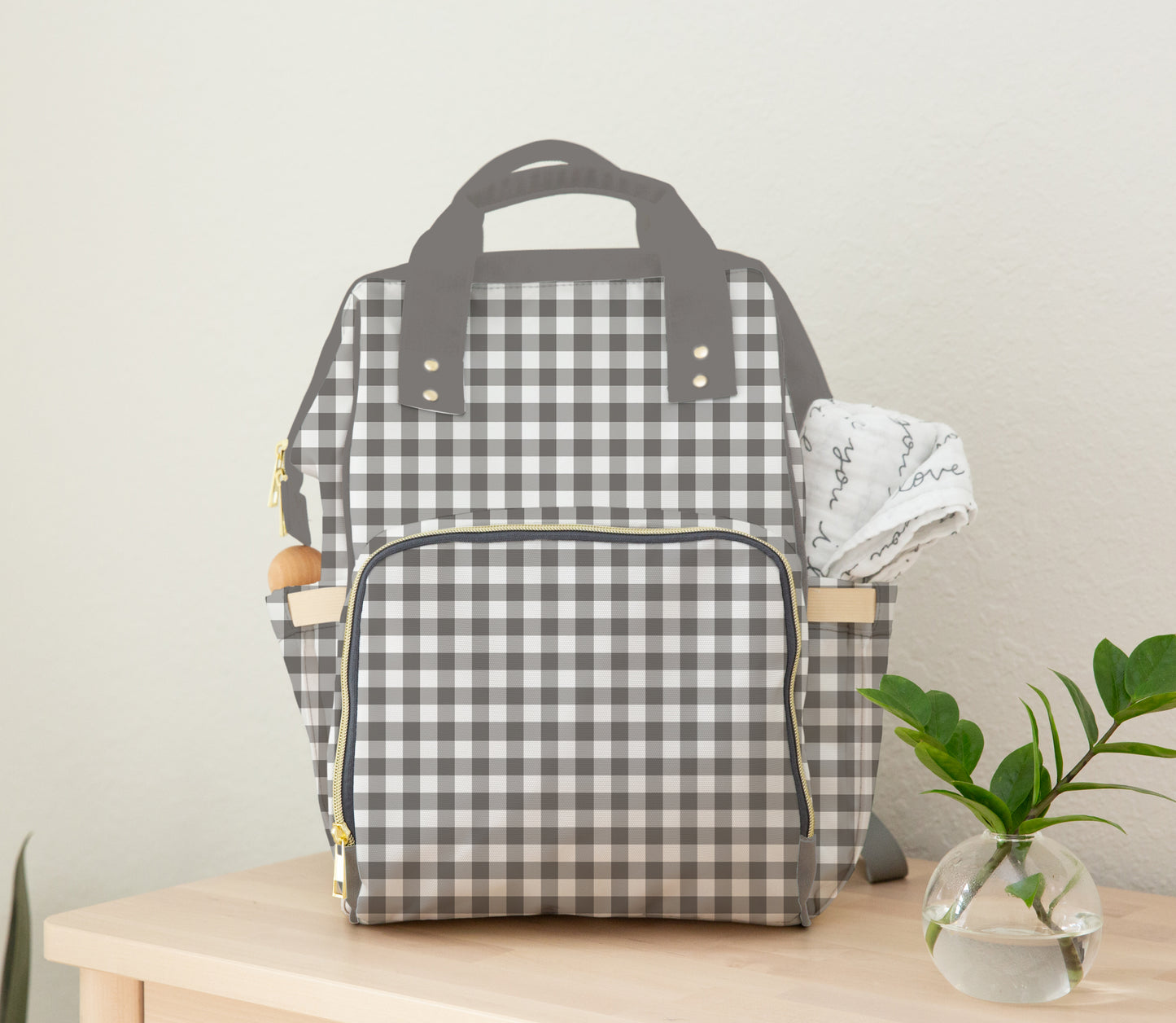 DIAPER BAG BACKPACK - PERSONALIZED NEUTRAL GINGHAM