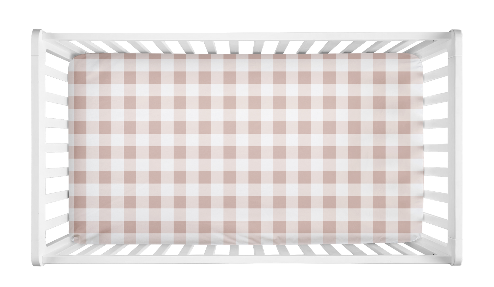 Blush pink and white gingham crib sheet with buffalo check pattern styled in a white crib for a baby girl nursery