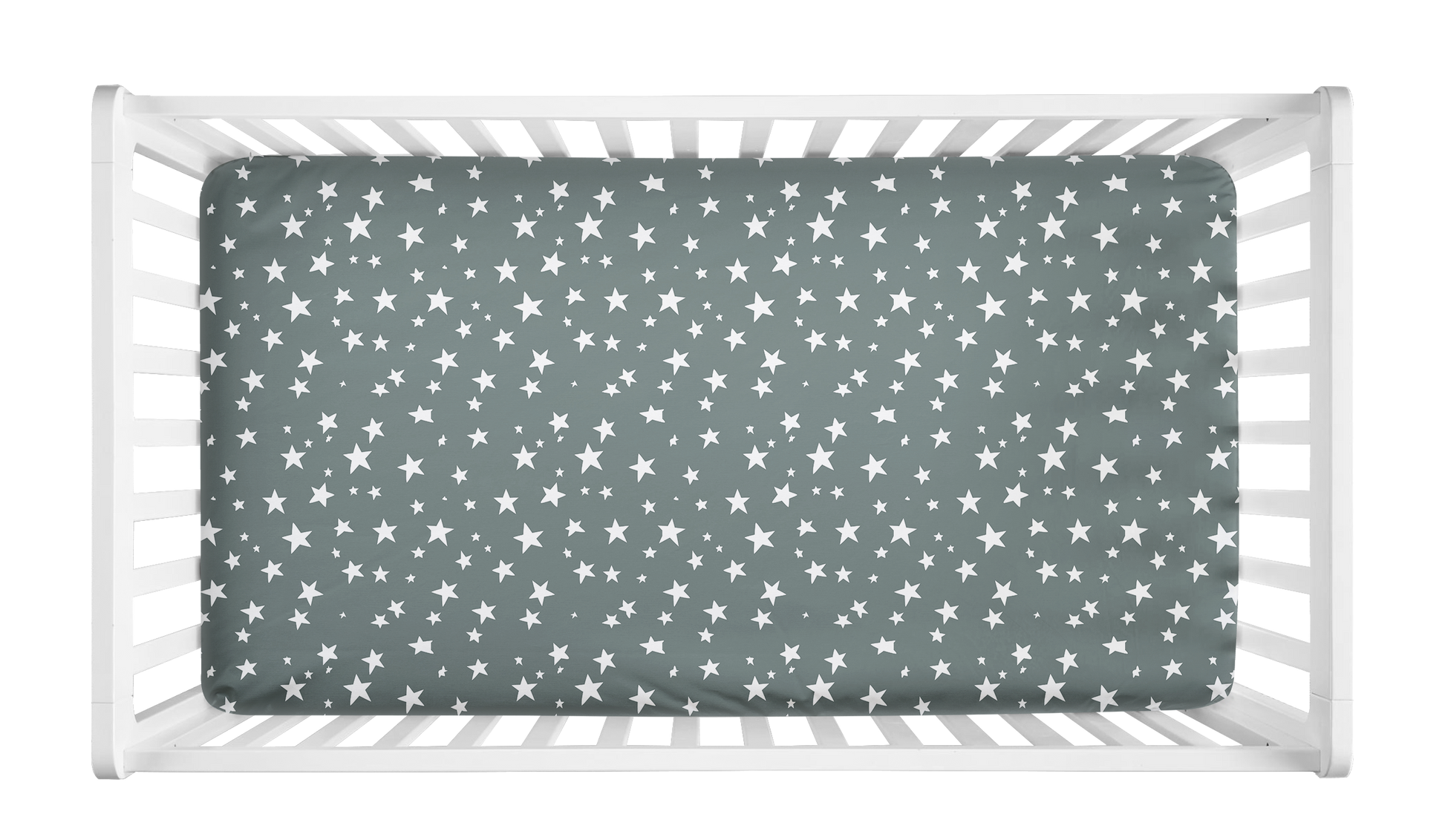 Sage green crib sheet with white star pattern in crib