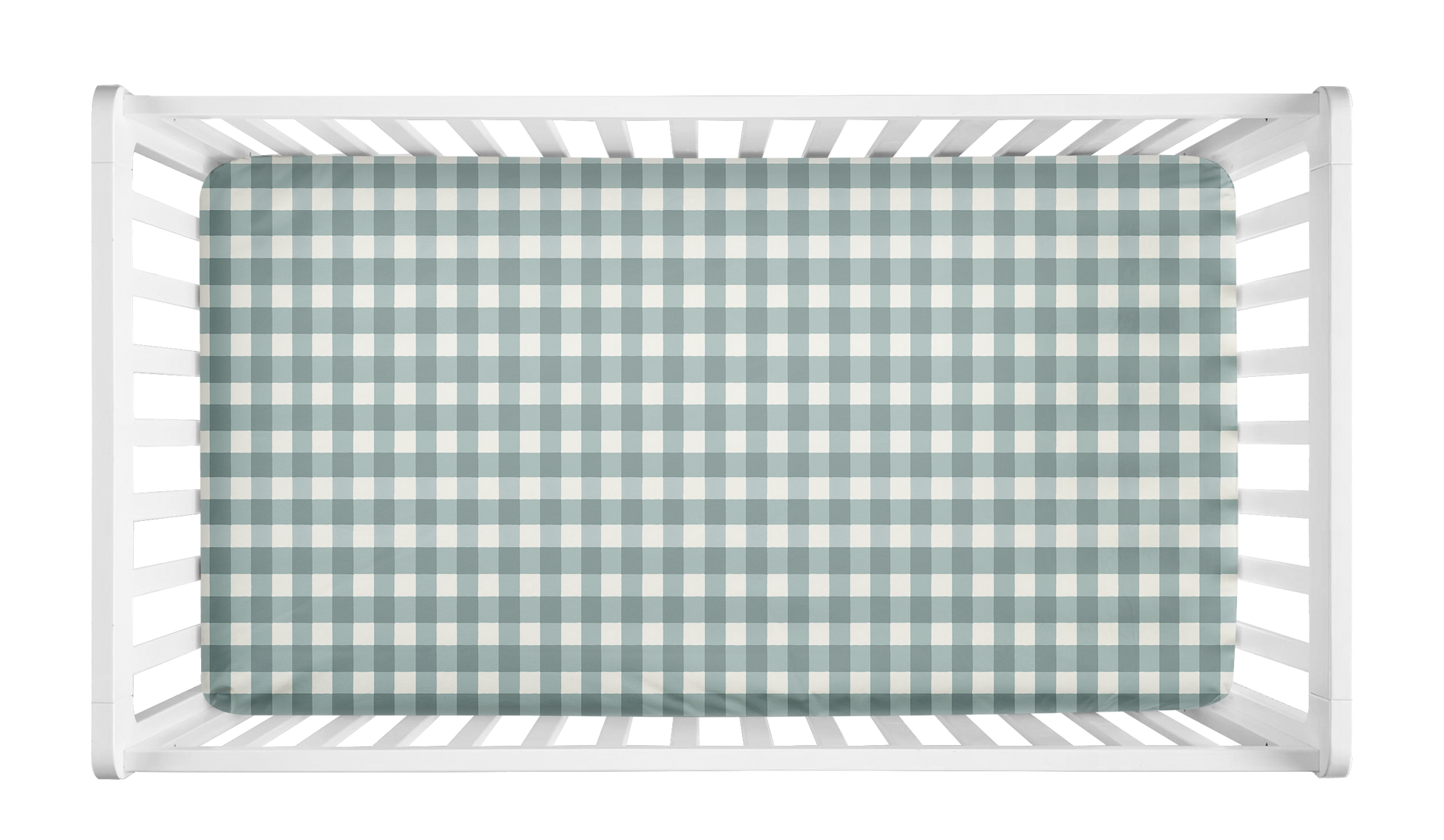 Sage green gingham baby crib sheet inside white crib