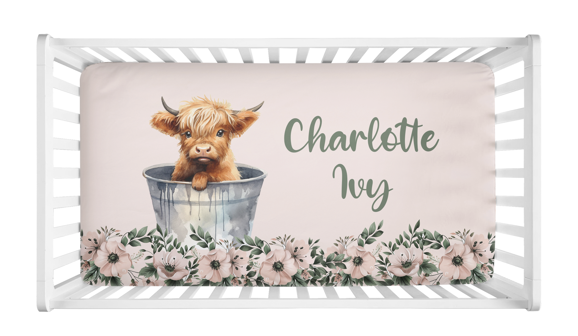 Personalized baby girl crib sheet with Highland cow in a bucket, blush pink background, floral accents.
