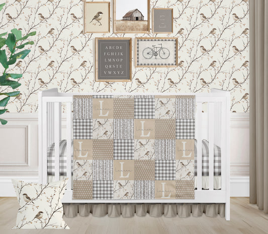 CRIB BEDDING - NEUTRAL GINGHAM BIRDS