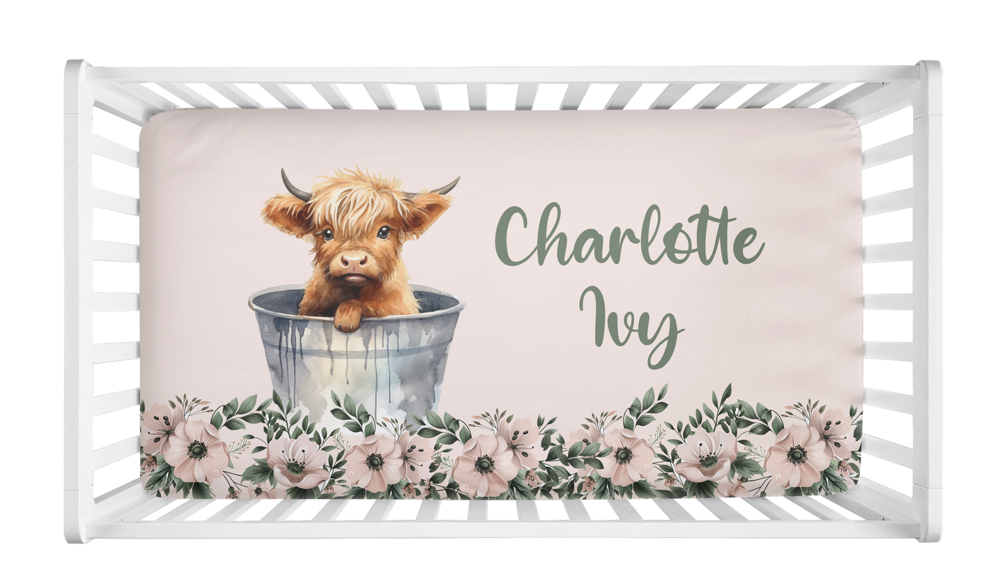 HIGHLAND COW IN PINK FLORAL CRIB BEDDING