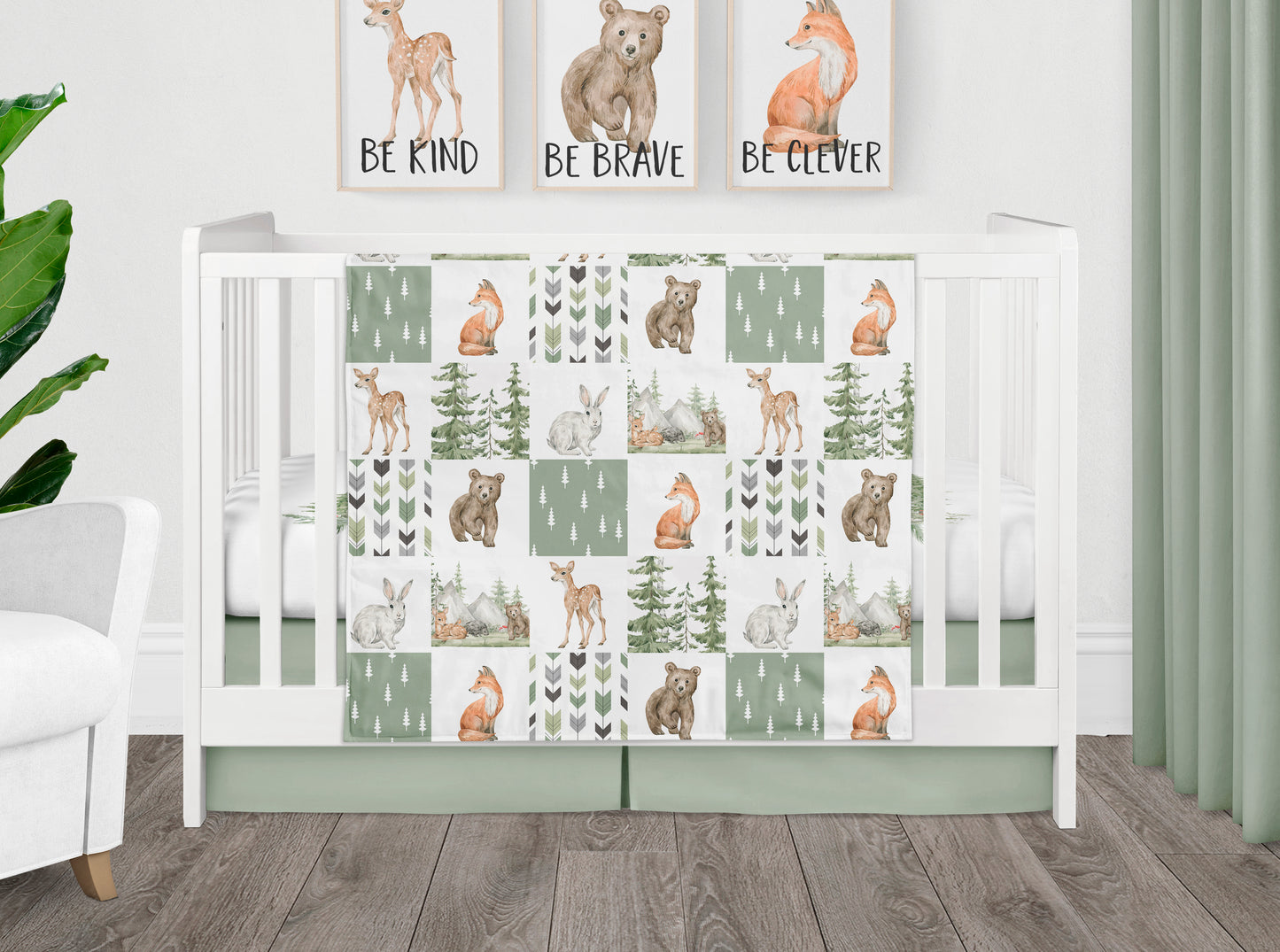 CRIB BEDDING - WOODLAND FOREST ANIMALS IN SAGE GREEN
