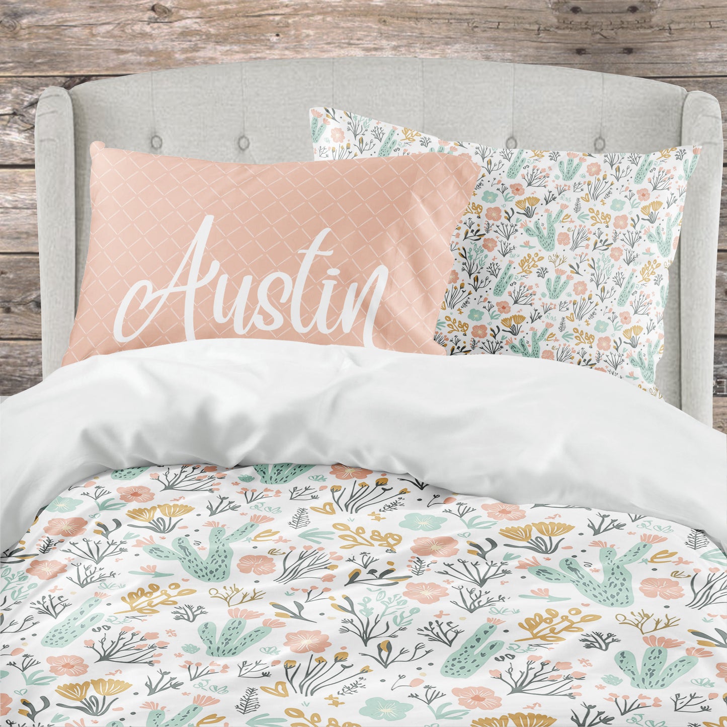 Boho Desert Bloom Bedding – Personalized Name Pillow – Twin, Queen, King Sizes