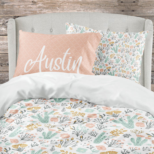 Boho Desert Bloom Bedding – Personalized Name Pillow – Twin, Queen, King Sizes