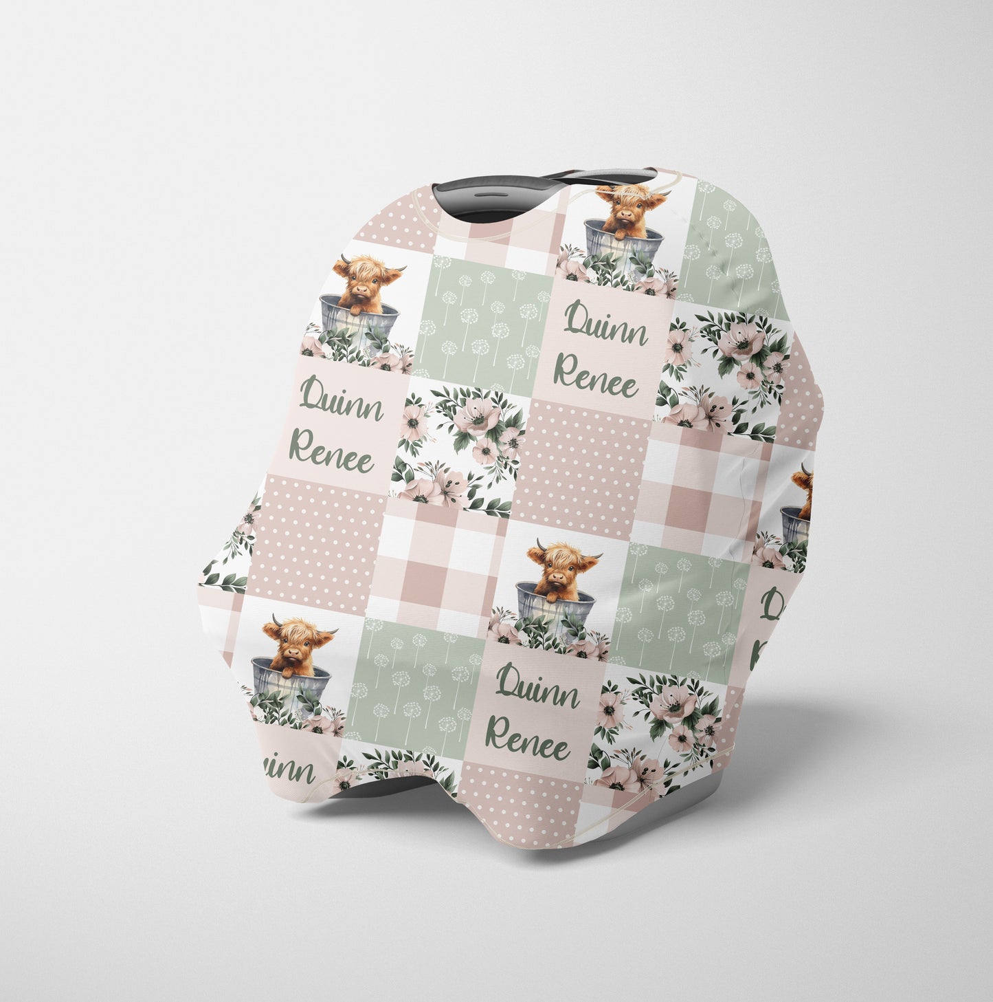 CAR SEAT COVER - HIGHLAND COW PATCHWORK PINK BLUSH AND SAGE