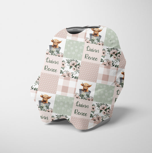 CAR SEAT COVER - HIGHLAND COW PATCHWORK PINK BLUSH AND SAGE