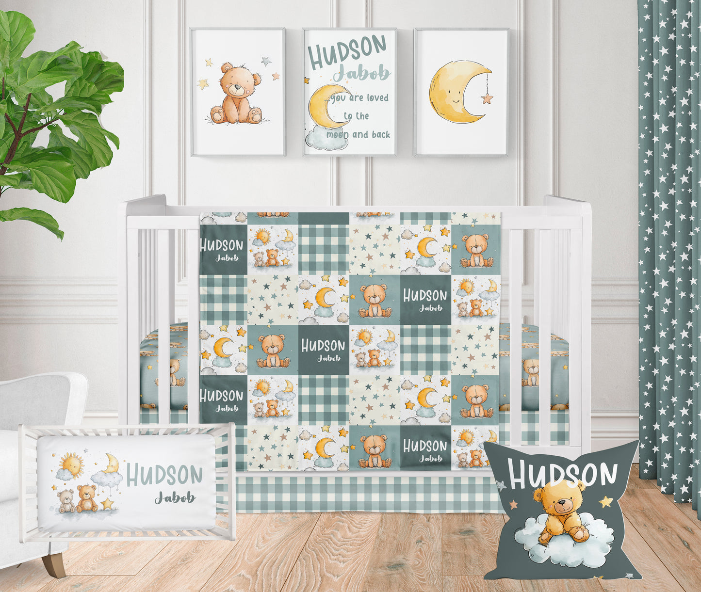 CRIB BEDDING - TEDDY BEAR MOON AND STARS DARK SAGE