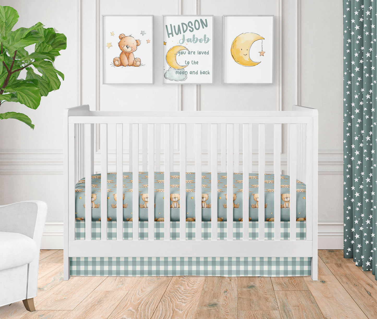 CRIB BEDDING - TEDDY BEAR MOON AND STARS DARK SAGE