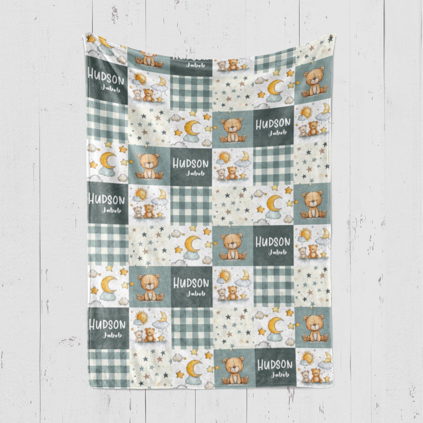 CUDDLE BLANKET - TEDDY BEAR MOON AND STARS DARK SAGE