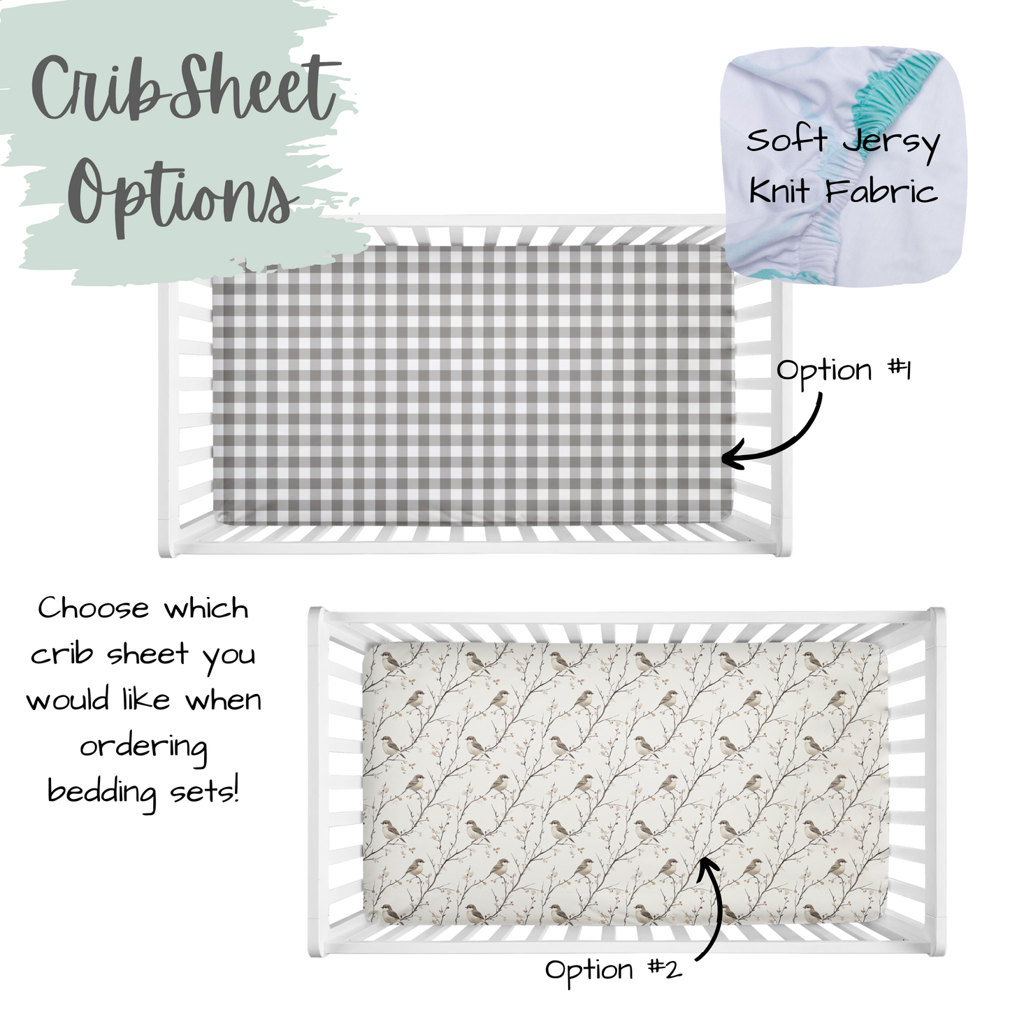 CRIB BEDDING - NEUTRAL GINGHAM BIRDS