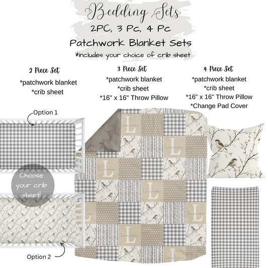 CRIB BEDDING - NEUTRAL GINGHAM BIRDS