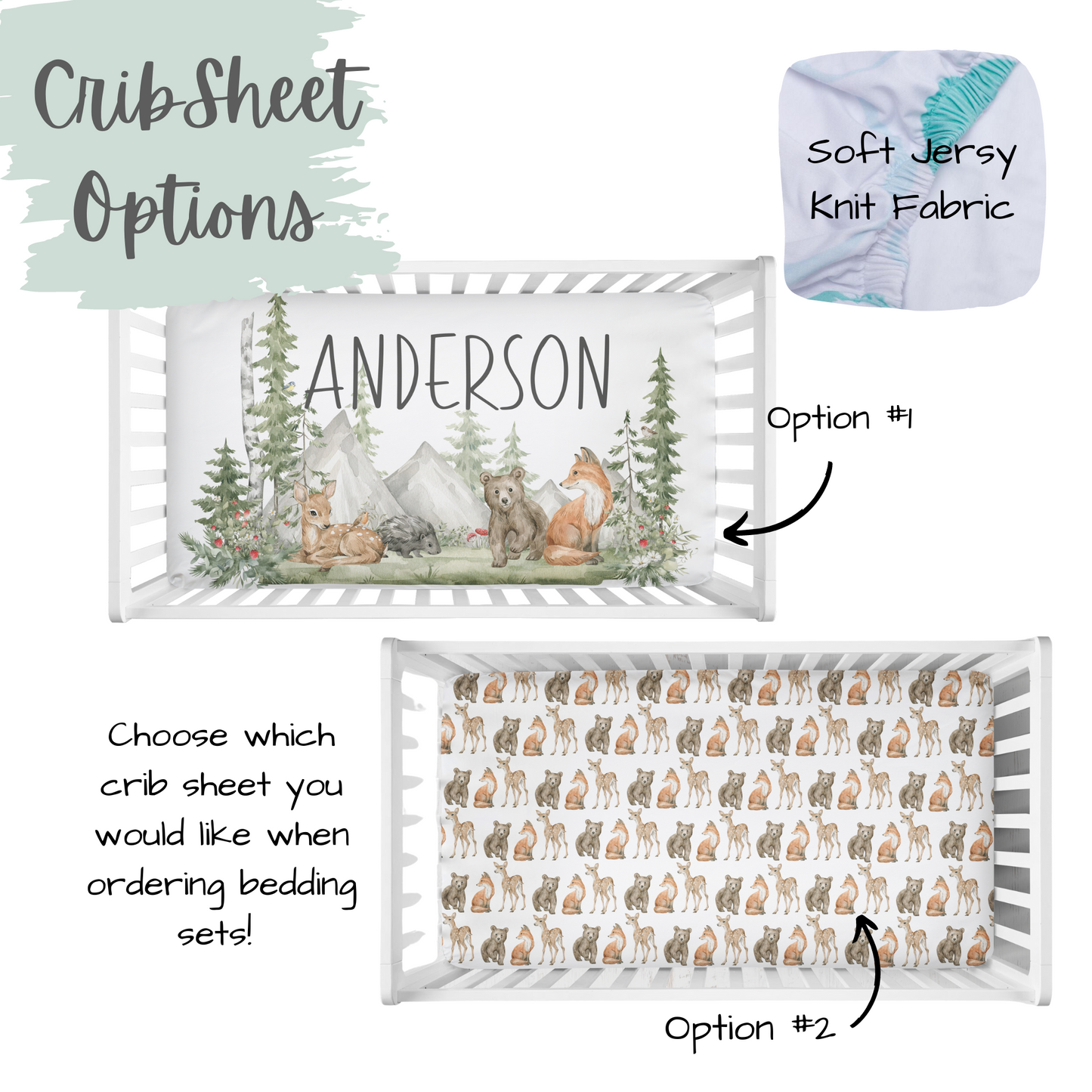 CRIB BEDDING - WOODLAND FOREST ANIMALS IN SAGE GREEN