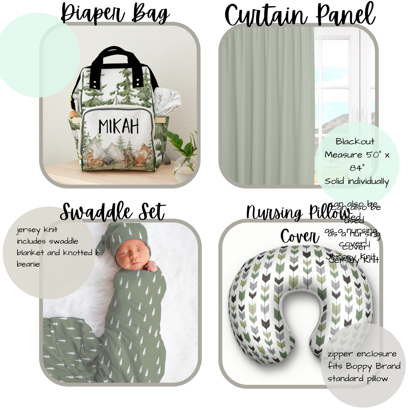 CRIB BEDDING - WOODLAND FOREST ANIMALS IN SAGE GREEN