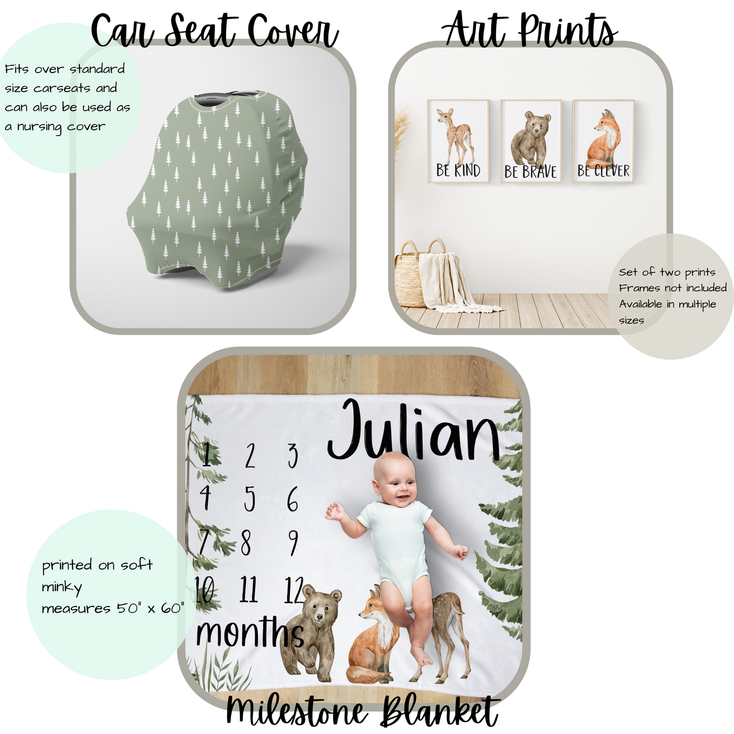 CRIB BEDDING - WOODLAND FOREST ANIMALS IN SAGE GREEN