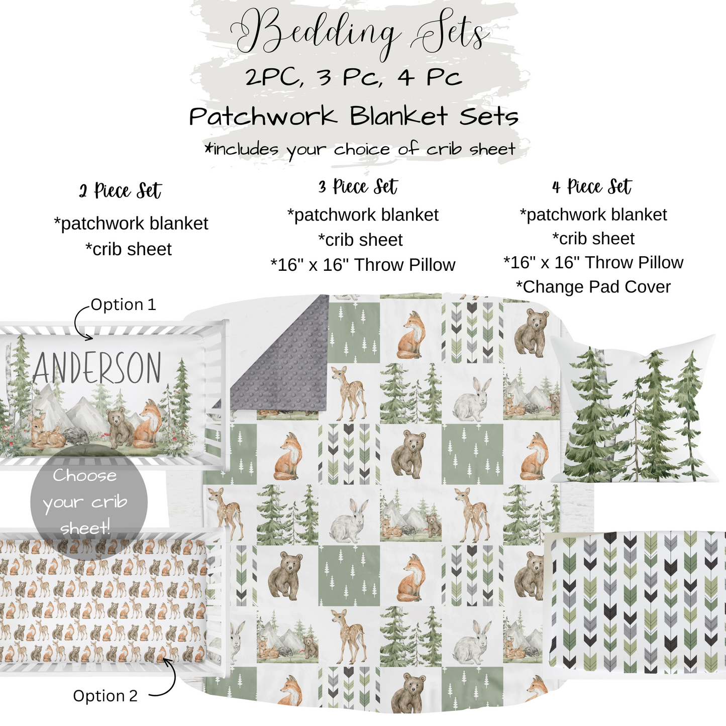 CRIB BEDDING - WOODLAND FOREST ANIMALS IN SAGE GREEN