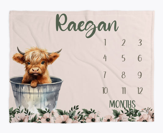 MILESTONE BLANKET - HIGHLAND COW PINK FLORAL