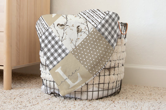 BLANKET - NEUTRAL GINGHAM BIRDS