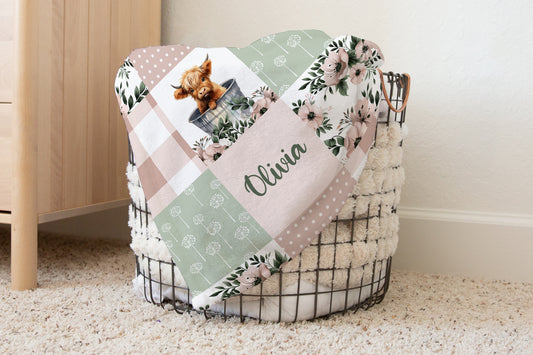BLANKET - PERSONALIZED HIGHLAND COW PINK FLORAL