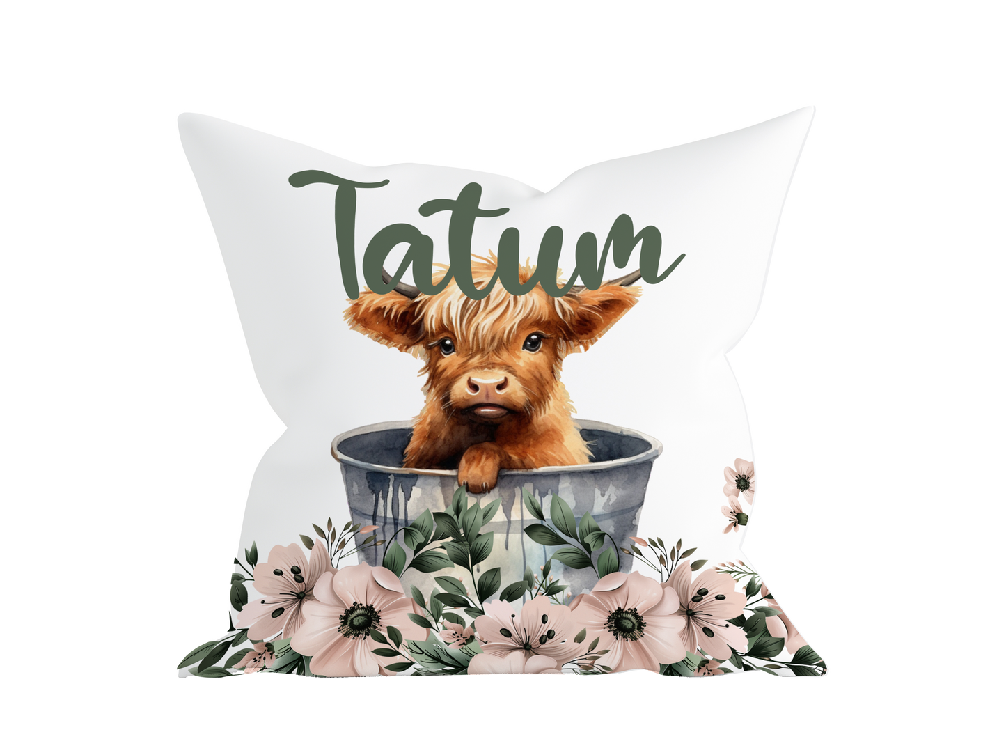 THROW PILLOW - HIGHLAND COW PERSONALIZED BLUSH AND SAGE FLORAL