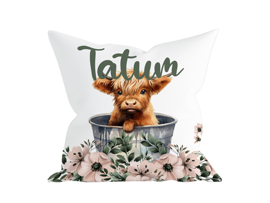 THROW PILLOW - HIGHLAND COW PERSONALIZED BLUSH AND SAGE FLORAL