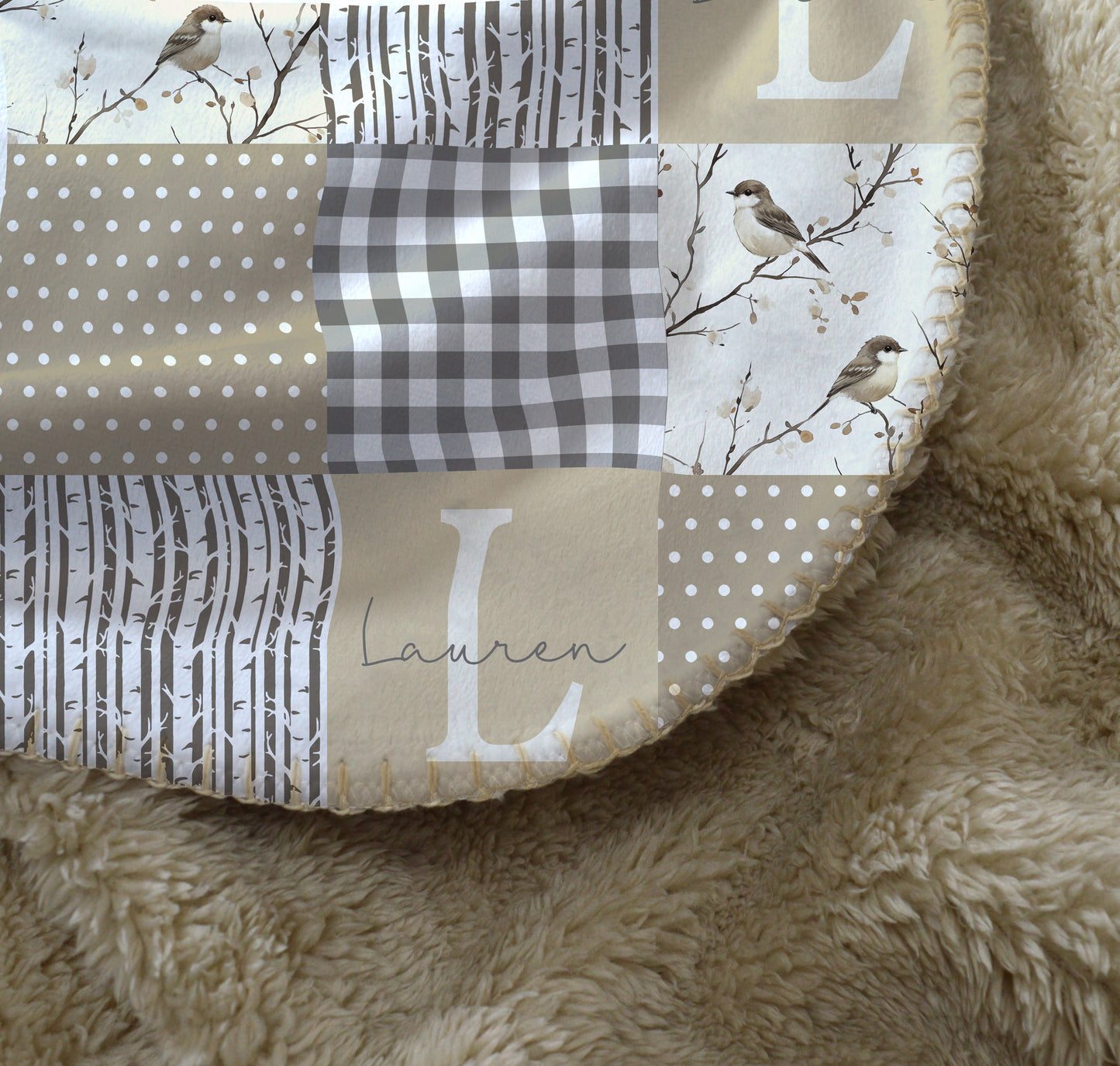 BLANKET - NEUTRAL GINGHAM BIRDS
