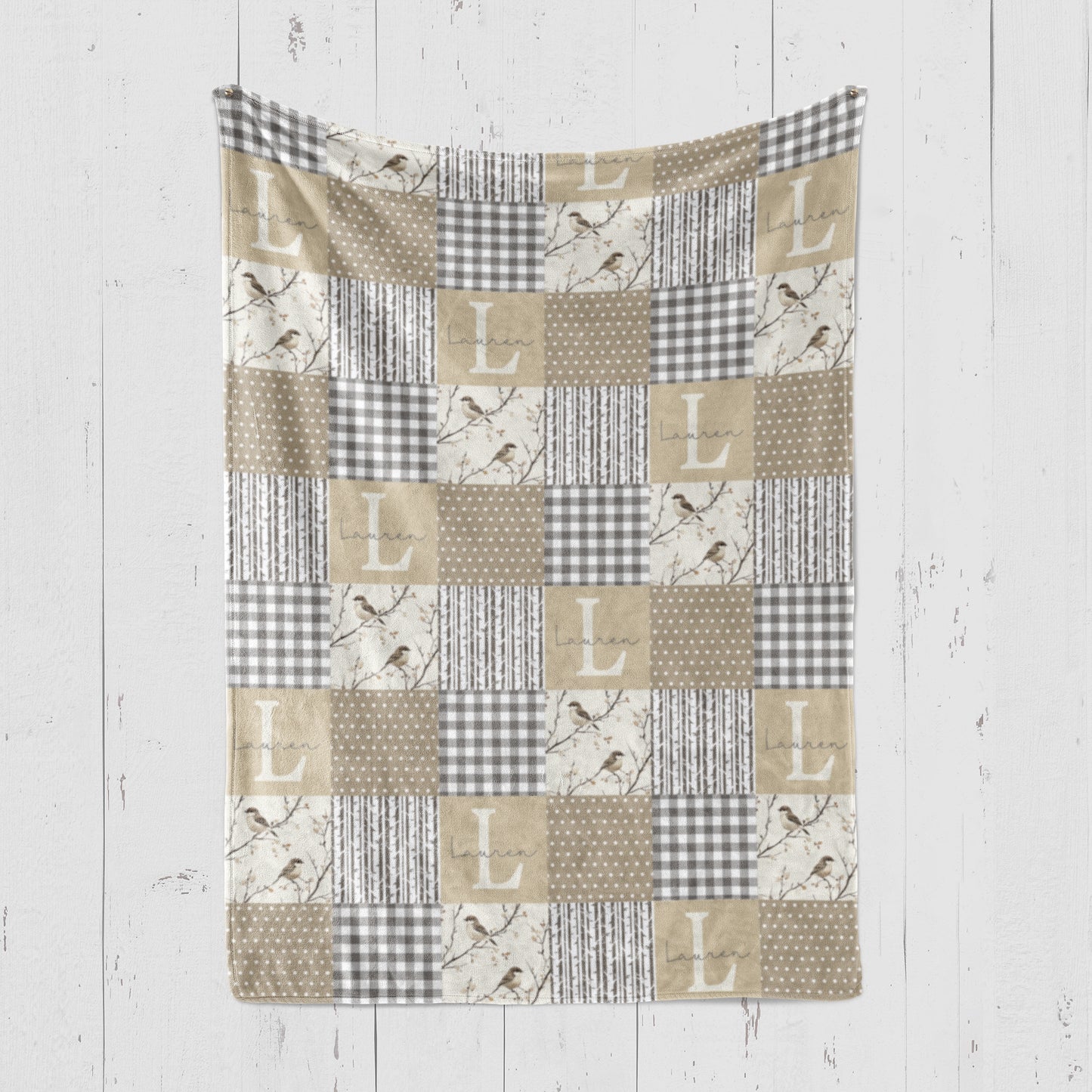 BLANKET - NEUTRAL GINGHAM BIRDS