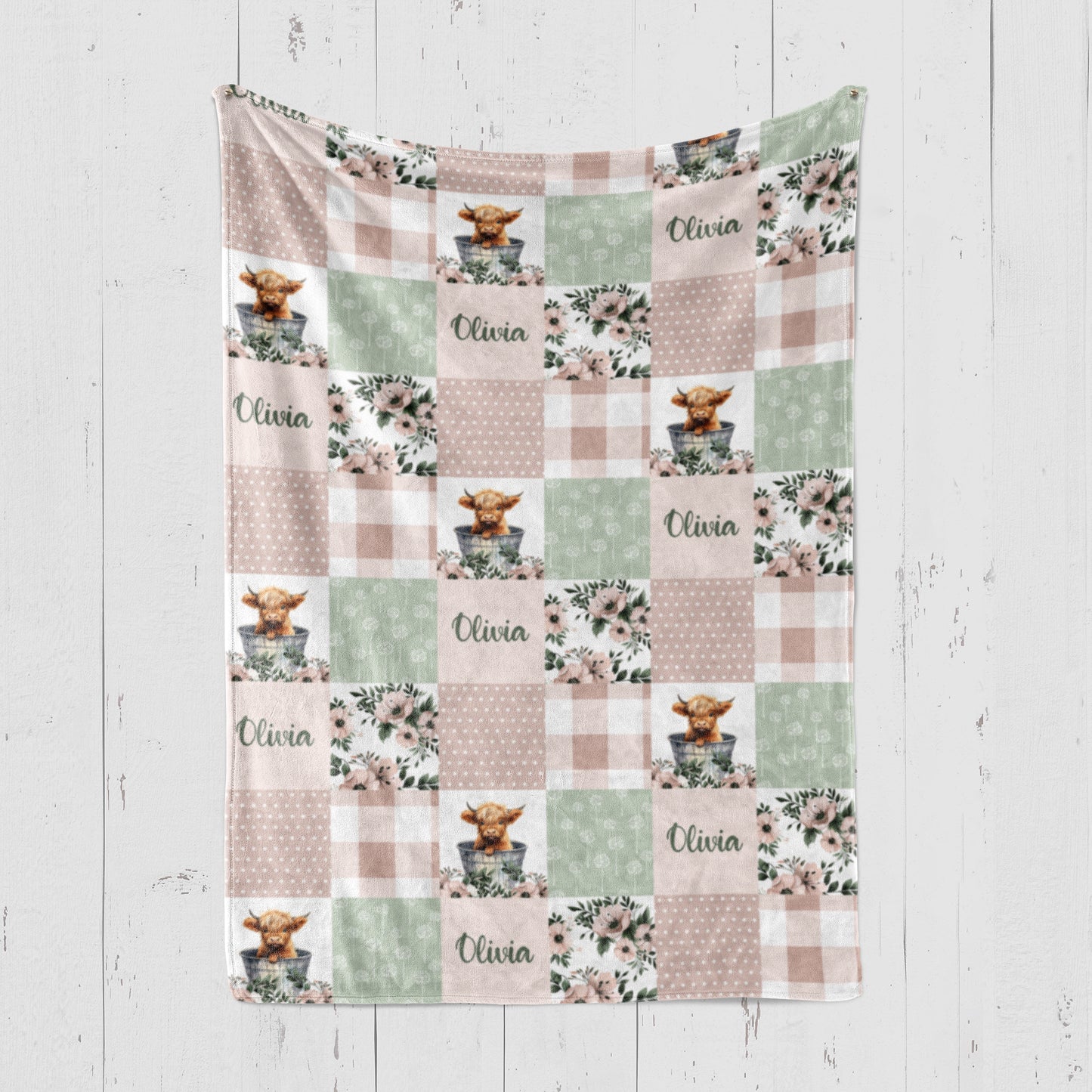 BLANKET - PERSONALIZED HIGHLAND COW PINK FLORAL