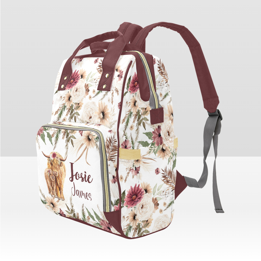 PERSONALIZED DIAPER BAG BACKPACK | HIGHLAND COW BOHO FLORAL