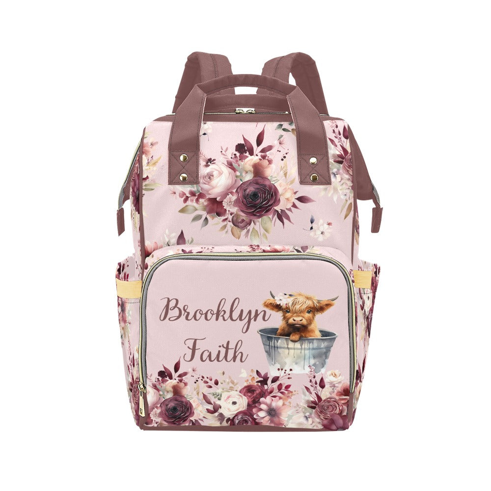 PERSONALIZED DIAPER BAG BACKPACK | HIGHLAND COW BURGUNDY FLORAL