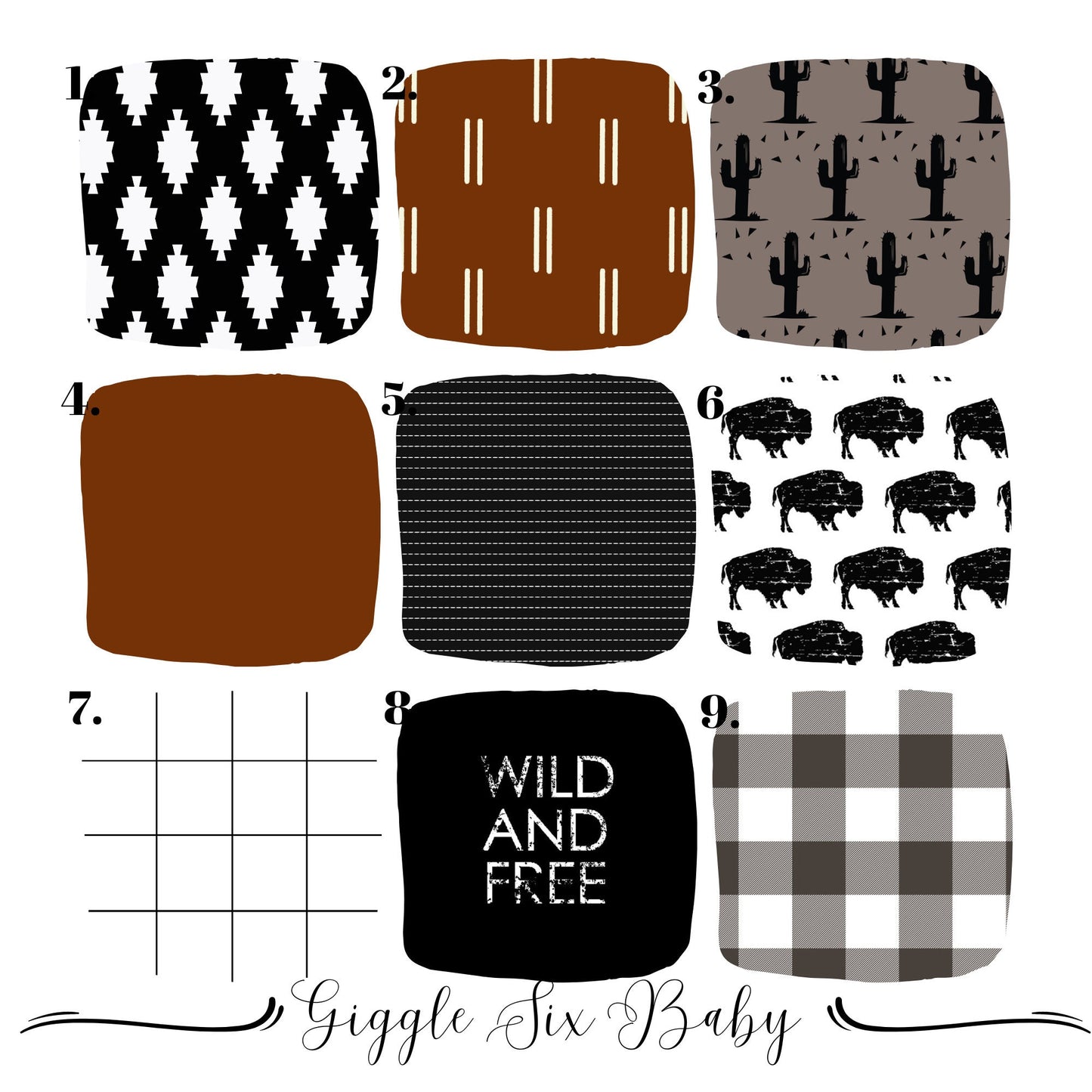 Buffalo Nursery Bedding and Decor, Black and Rust, Desert-Themed Patterns - Choose your own patterns to create your unique Crib Bedding Set!