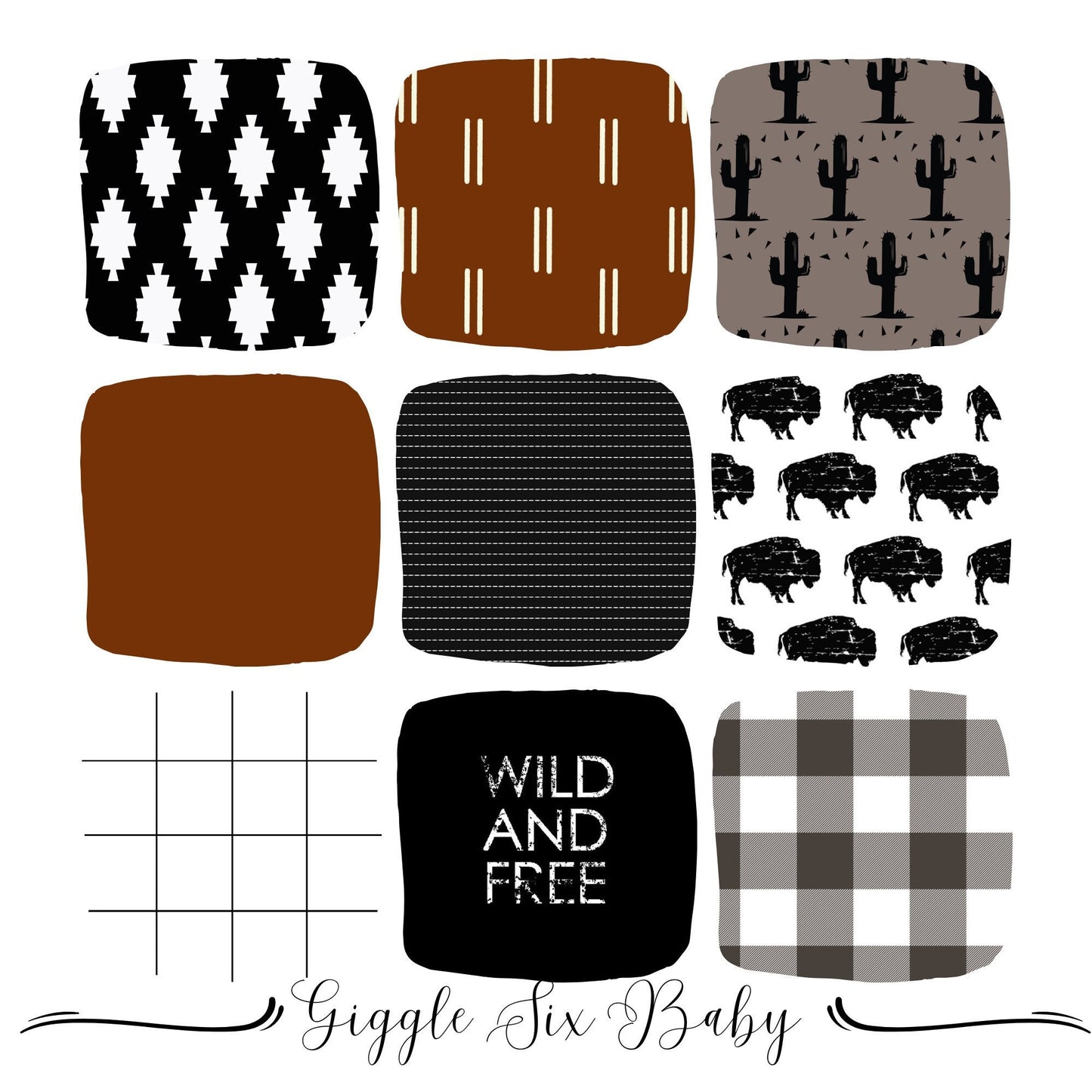 Buffalo Nursery Bedding and Decor, Black and Rust, Desert-Themed Patterns - Choose your own patterns to create your unique Crib Bedding Set!