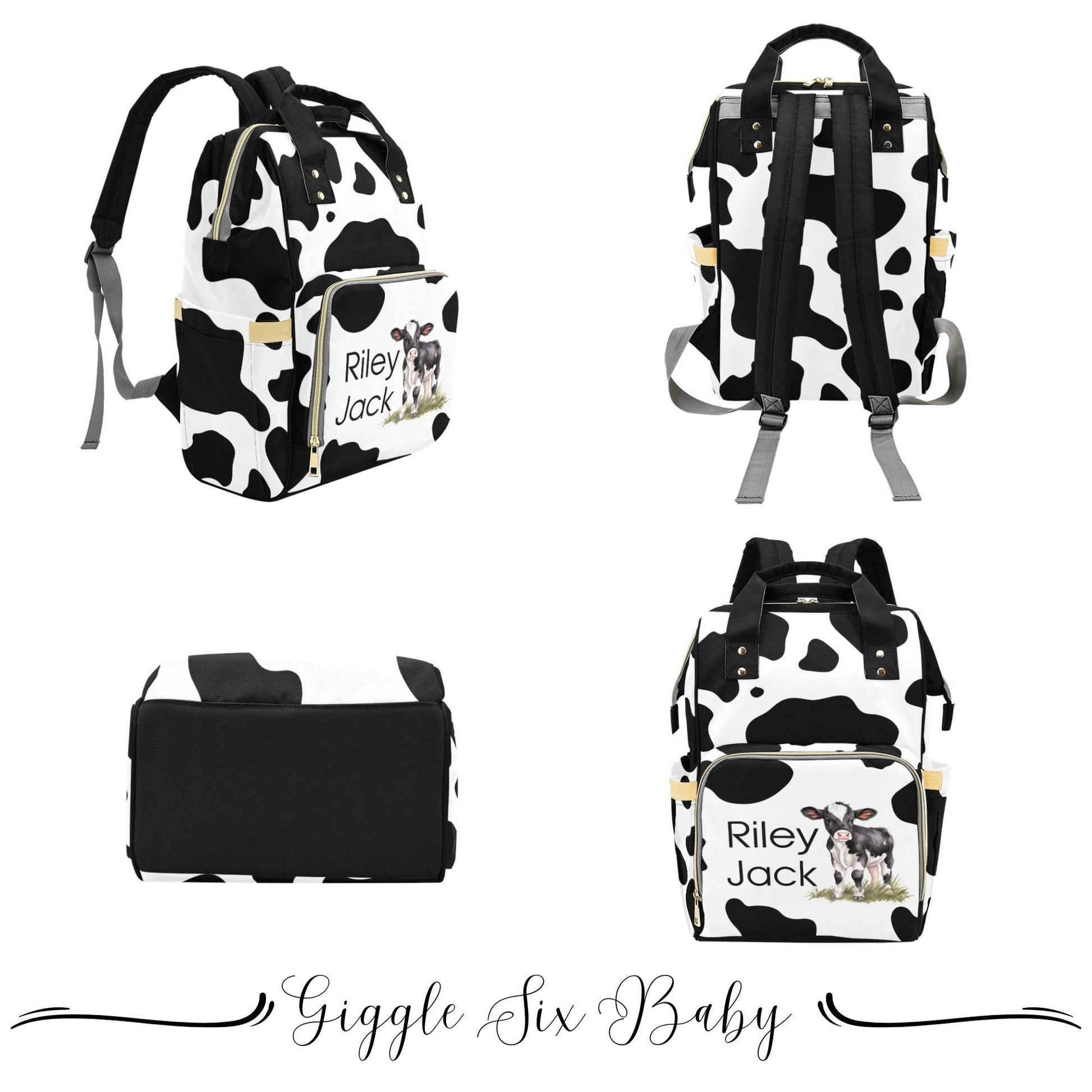 Diaper Bag Backpack in Cow Print, Personalized Baby Diaper Bag Backpack in Black and White Cow, Baby Shower Gift, Baby Name Bag