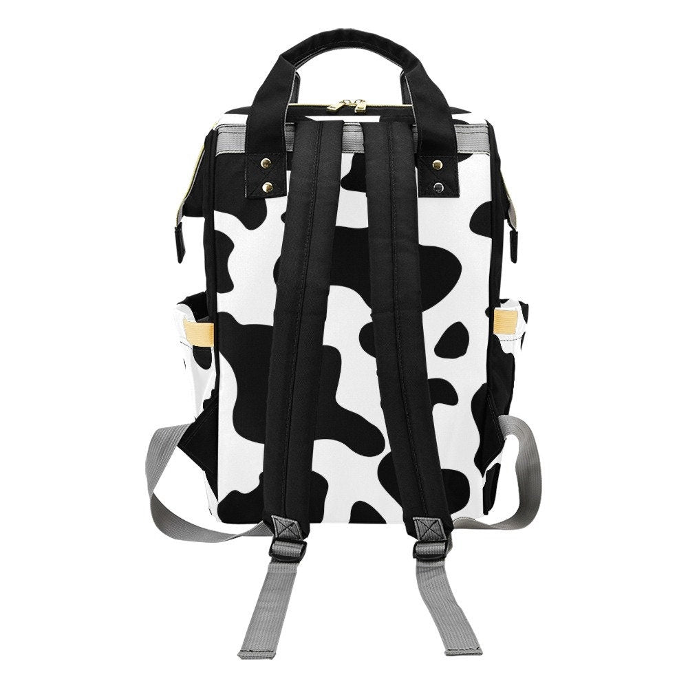 Diaper Bag Backpack in Cow Print, Personalized Baby Diaper Bag Backpack in Black and White Cow, Baby Shower Gift, Baby Name Bag