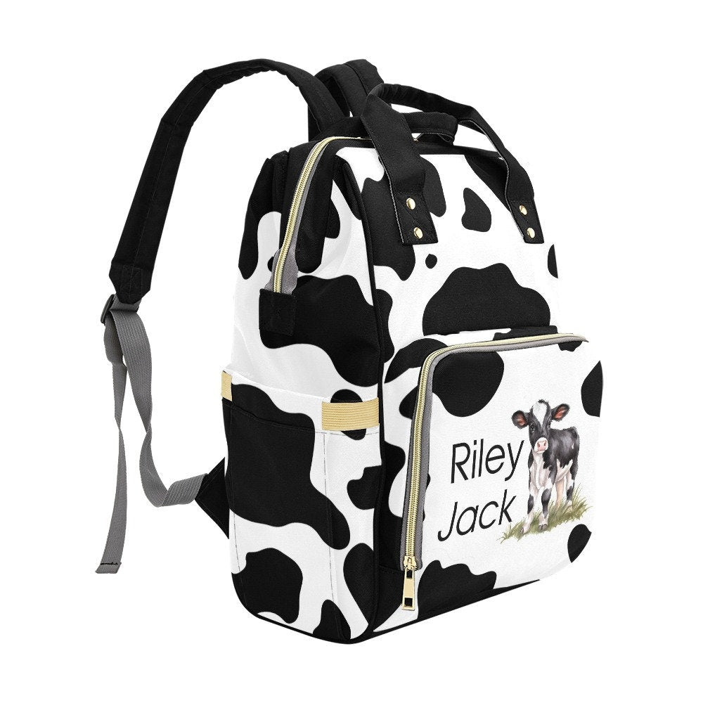 Diaper Bag Backpack in Cow Print, Personalized Baby Diaper Bag Backpack in Black and White Cow, Baby Shower Gift, Baby Name Bag