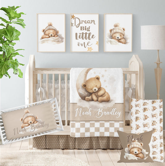 Teddy Bear Crib Bedding Set, Baby Boy Crib Bedding, Neutral Teddy Bear Bedding Set, Teddy Bear Nursery Bedding, Sleeping Teddy Bear Nursery