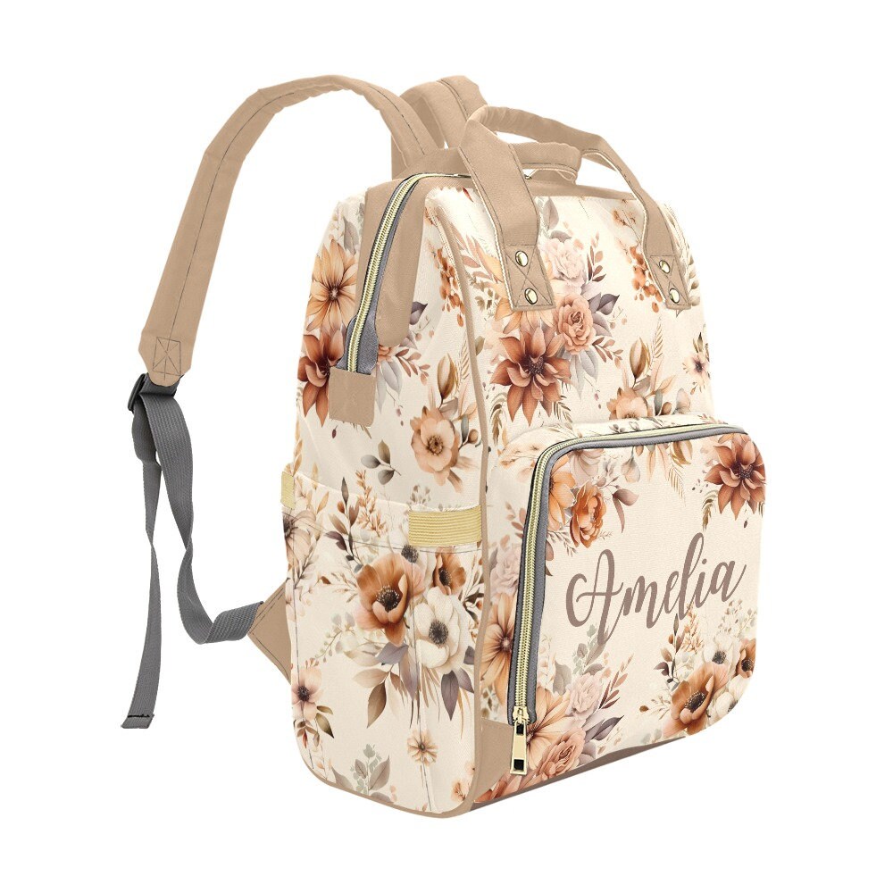 Diaper Bag Backpack Baby Girl in Neutral Florals, Personalized Diaper Bag, Cream Tan Brown Flower Daycare Diaper Bag with Name, Shower Gift
