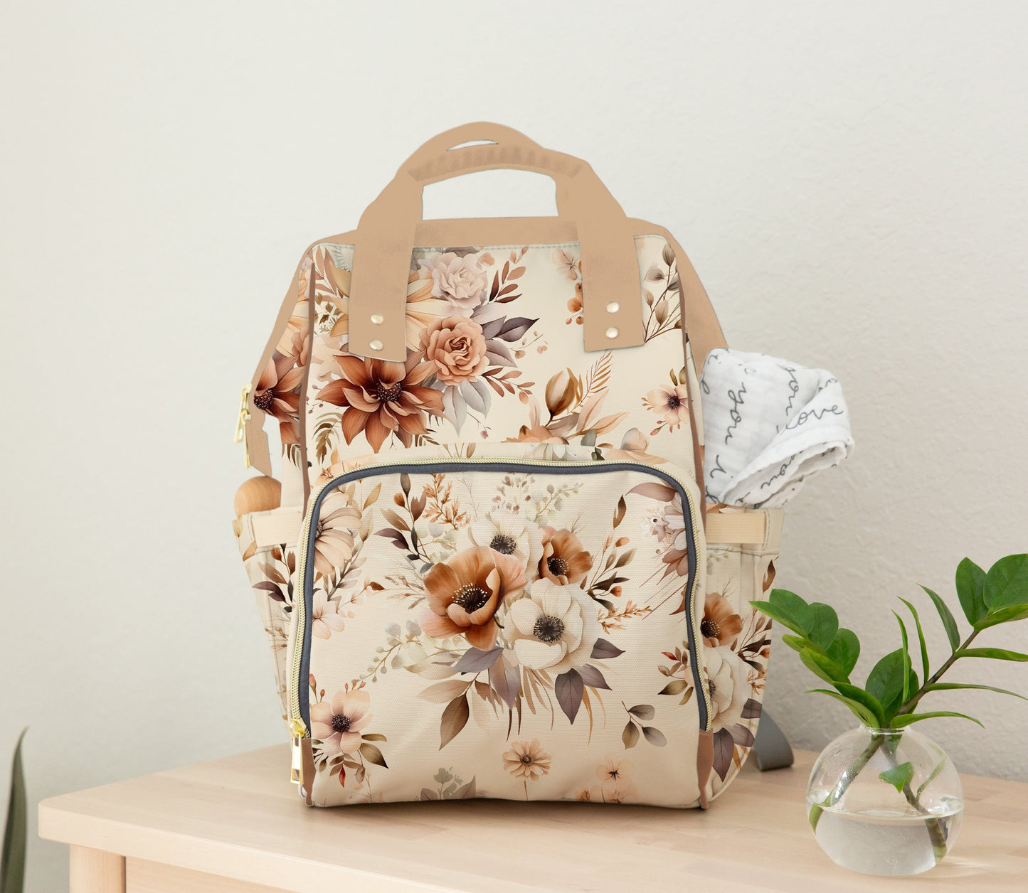 Diaper Bag Backpack Baby Girl in Neutral Florals, Personalized Diaper Bag, Cream Tan Brown Flower Daycare Diaper Bag with Name, Shower Gift