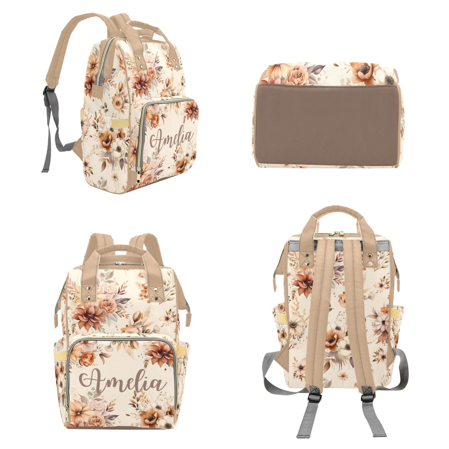 Diaper Bag Backpack Baby Girl in Neutral Florals, Personalized Diaper Bag, Cream Tan Brown Flower Daycare Diaper Bag with Name, Shower Gift