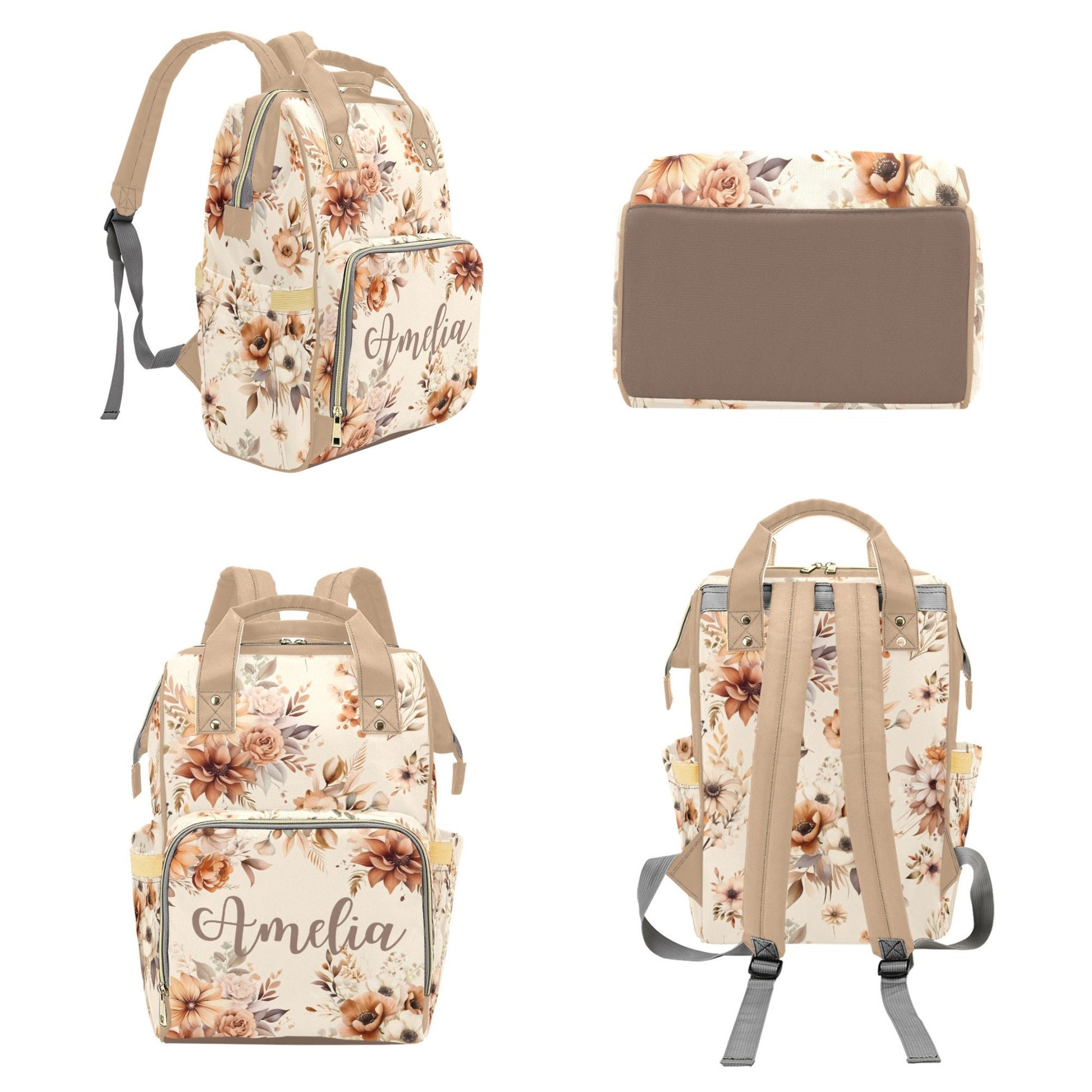 Diaper Bag Backpack Baby Girl in Neutral Florals, Personalized Diaper Bag, Cream Tan Brown Flower Daycare Diaper Bag with Name, Shower Gift