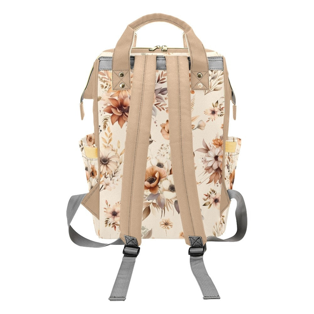 Diaper Bag Backpack Baby Girl in Neutral Florals, Personalized Diaper Bag, Cream Tan Brown Flower Daycare Diaper Bag with Name, Shower Gift