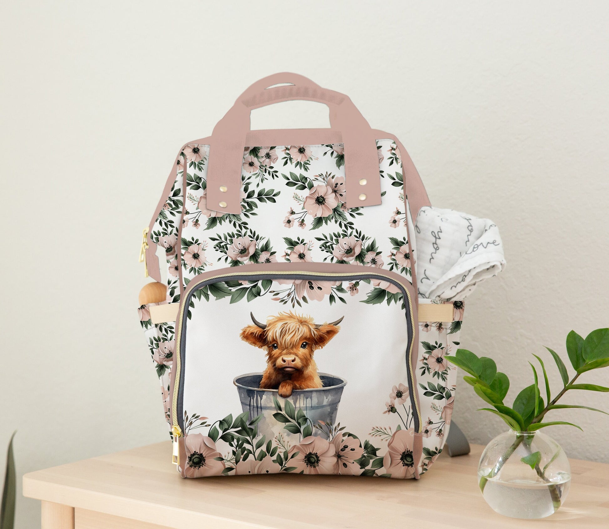 Diaper Bag Backpack Baby Girl, Highland Cow Personalized Diaper Bag, Pink and Green Flower Daycare Diaper Bag with Name, Girl Shower Gift