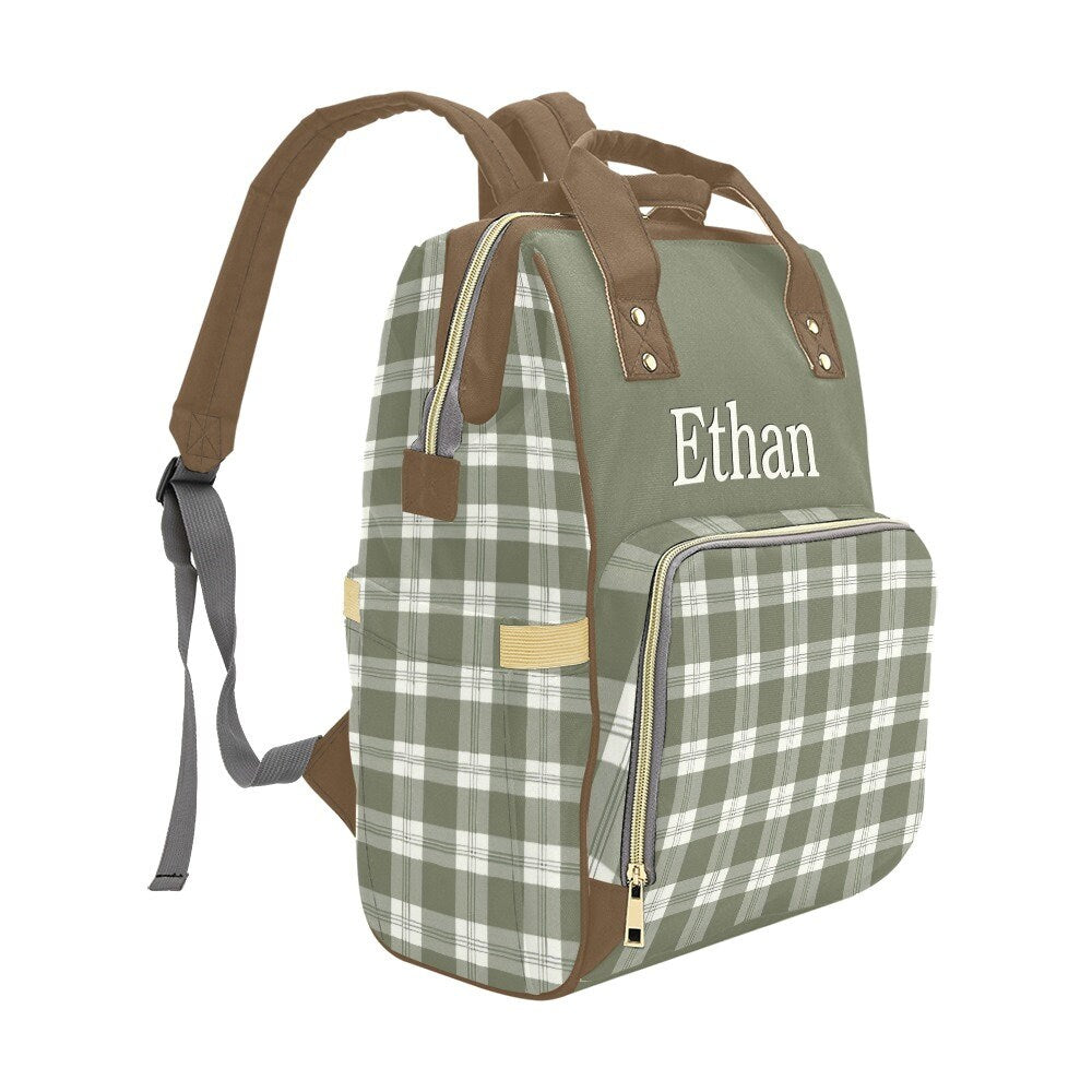 Personalized Plaid Diaper Bag Backpack - Custom Name Baby Bag - Green Checkered Design - Stylish and Functional New Parent Gift